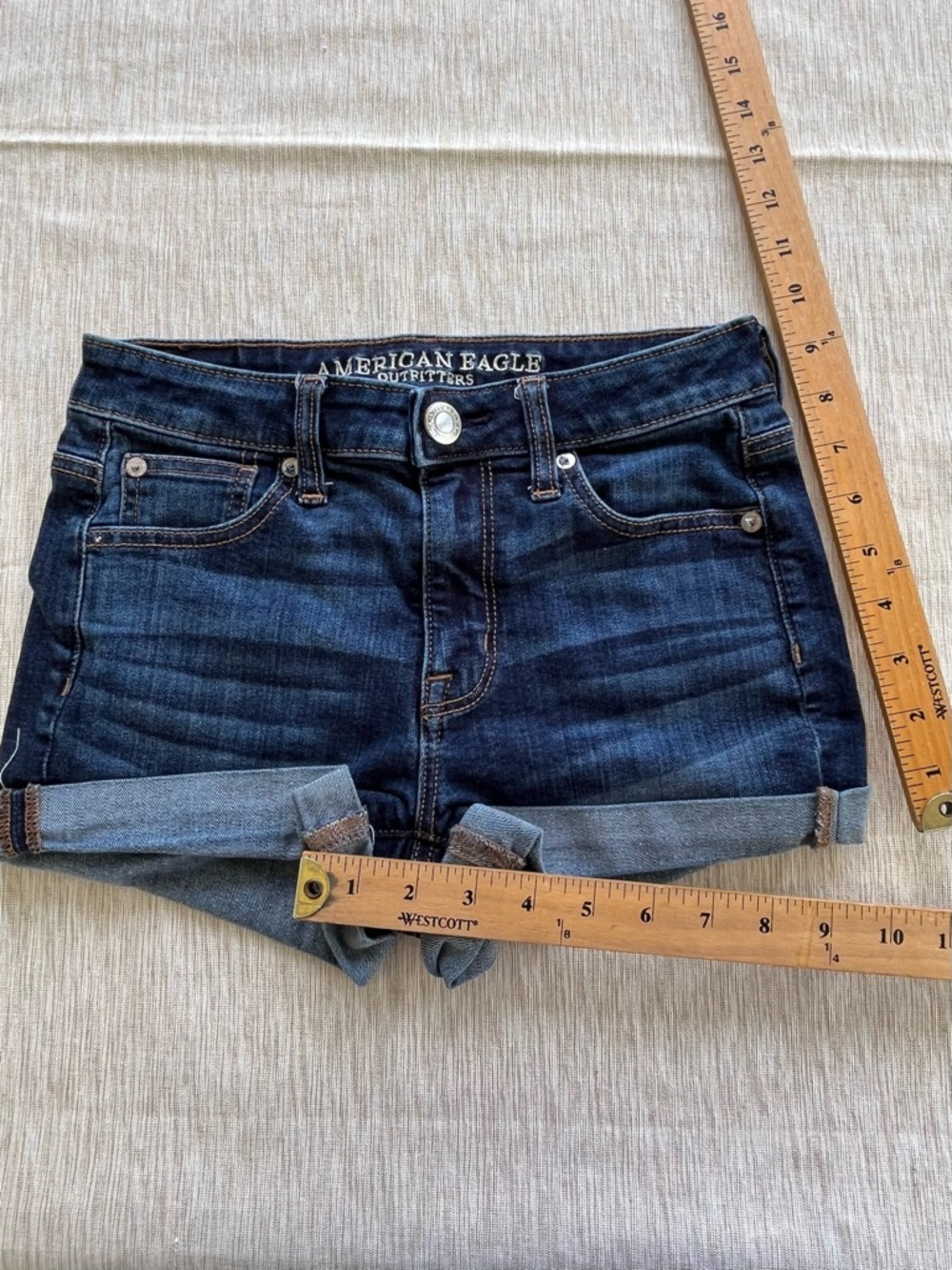 American Eagle Outfitters Dark Blue Rolled-Hem High Rise Shortie Denim Shorts 0 - Picture 6 of 10